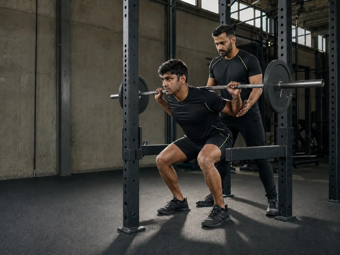 Athlete performing a controlled barbell squat with a spotter