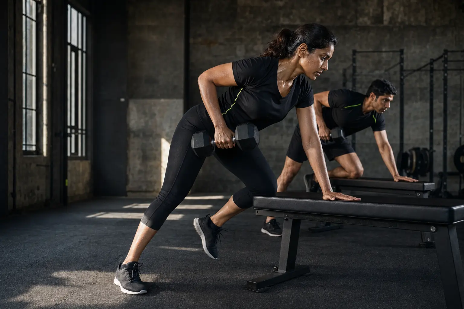 Woman demonstrating a supported one-arm dumbbell row